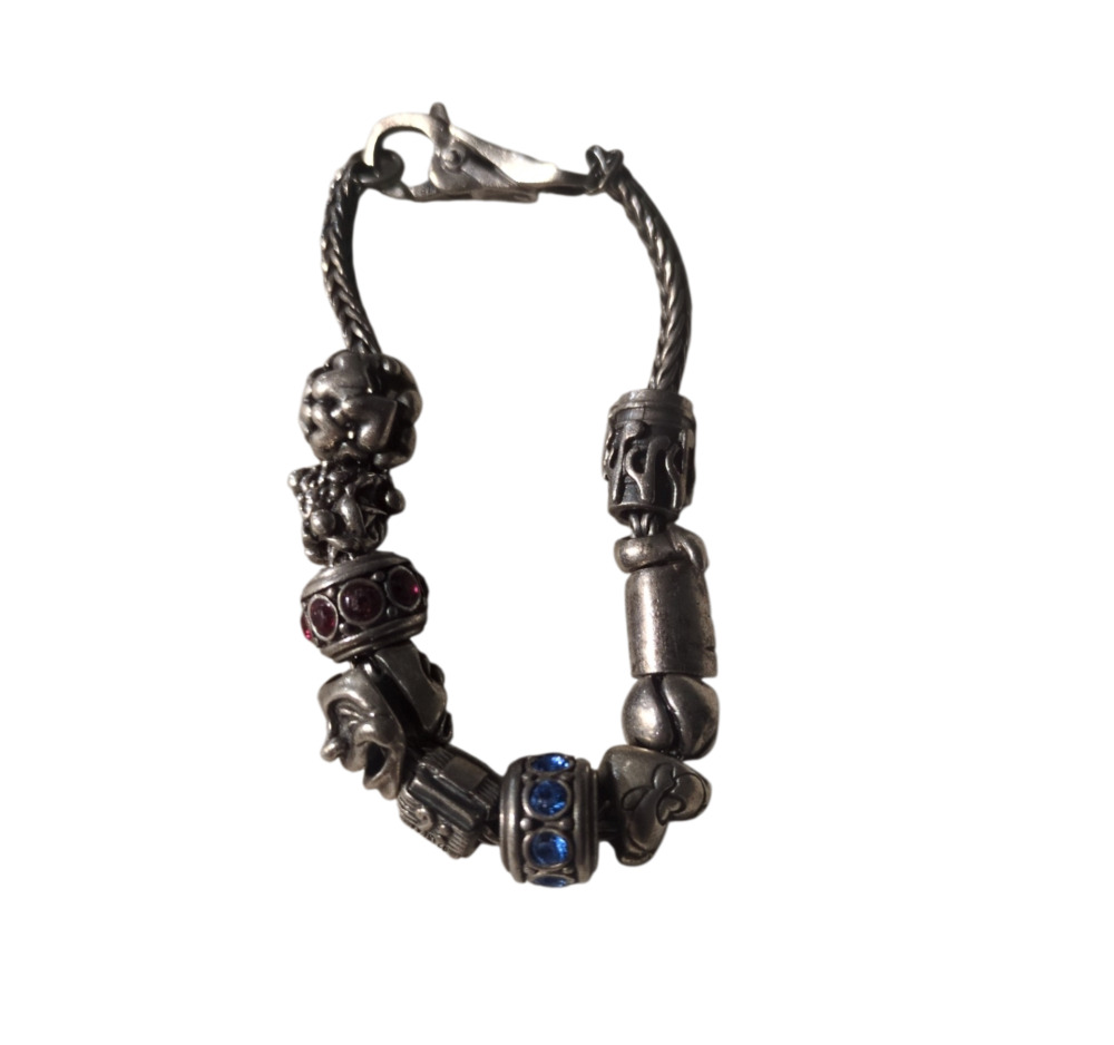 925 Sterling Silver Charm Bracelet with Assorted Figural and Crystal Beads